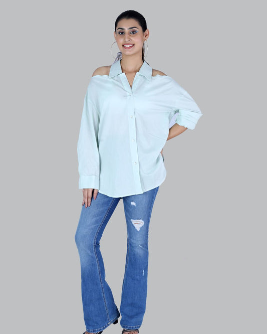 Cold shoulder roll on sleeve shirt in mint green