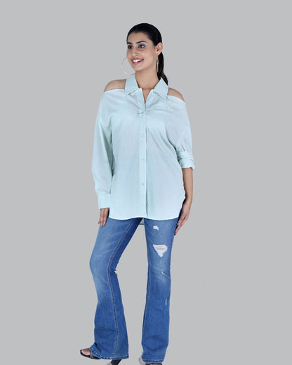 Cold shoulder roll on sleeve shirt in mint green