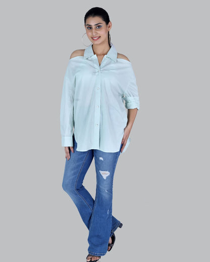 Cold shoulder roll on sleeve shirt in mint green