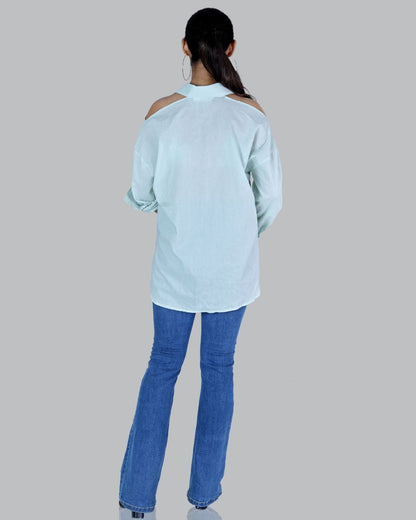 Cold shoulder roll on sleeve shirt in mint green