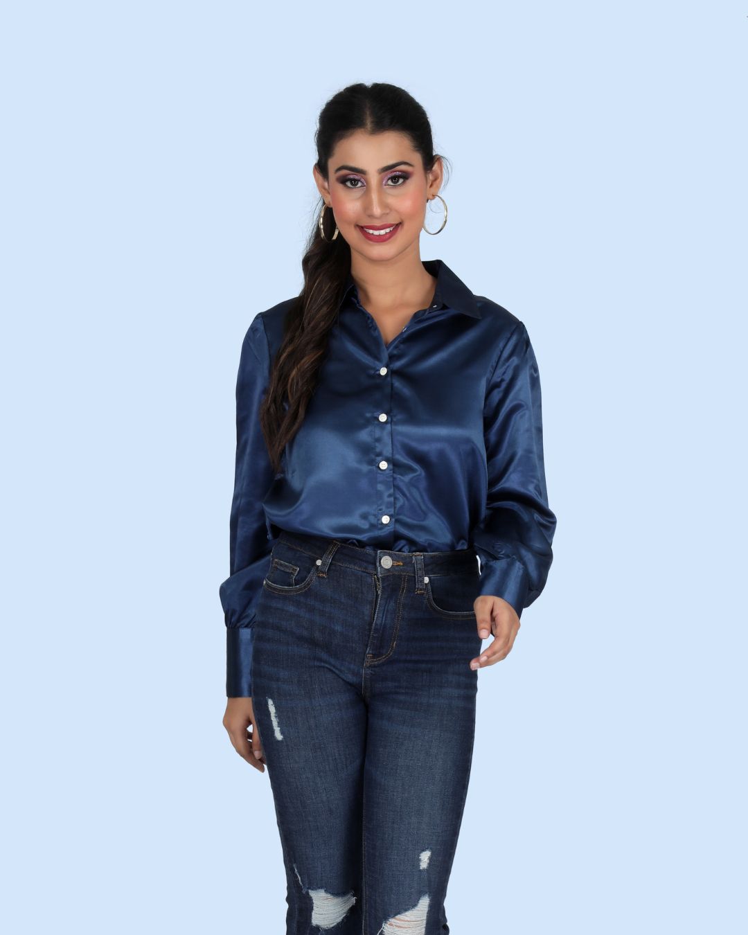 Long Sleeves Satin Shirt in Royal Blue Color