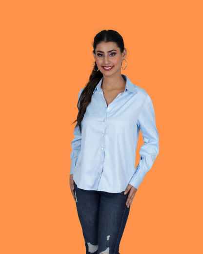 Long Sleeves Satin Shirt in Sky Blue Color