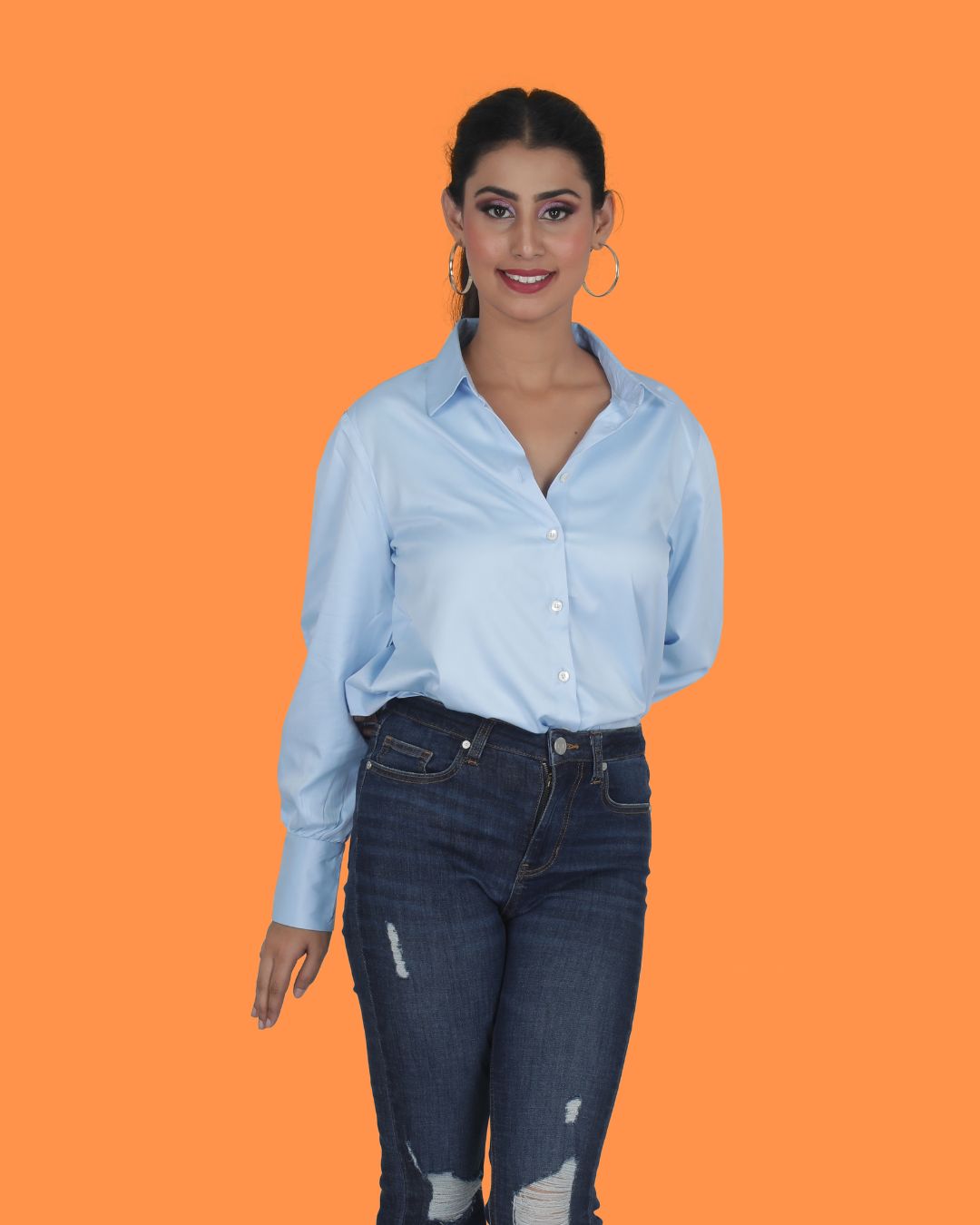 Long Sleeves Satin Shirt in Sky Blue Color