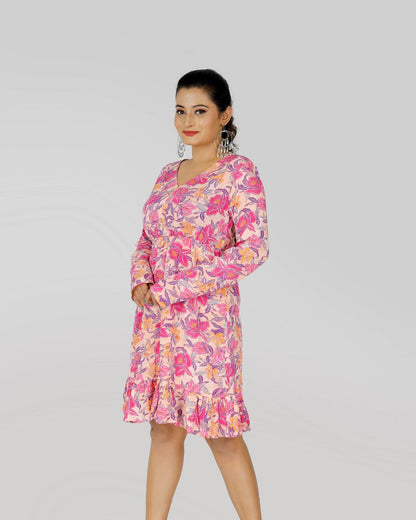 V Neck Dress with Pink Garden Prints