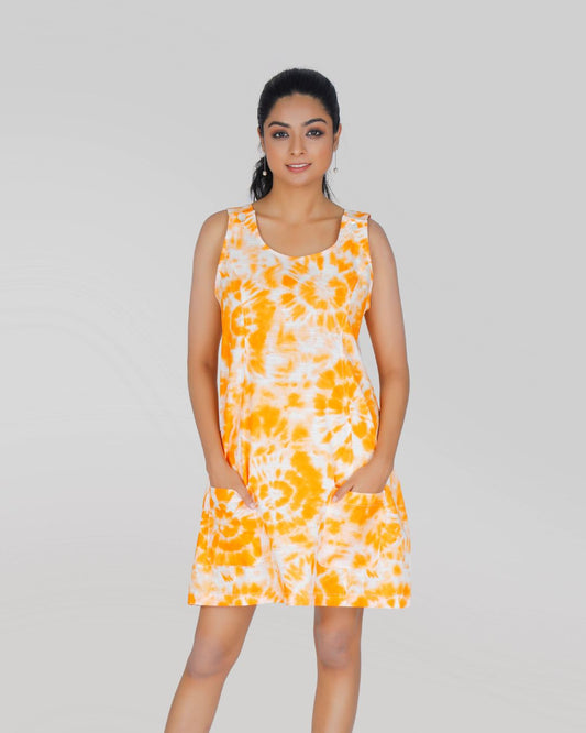 Tie & Dye Sleeveless Short Dress with Pocket in Sun Yellow Color