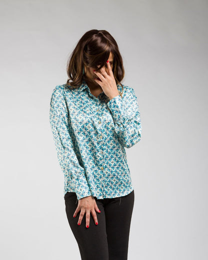 Printed Satin Shirt in Sea Green Garden Prints