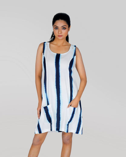 Tie & Dye Sleeveless Short Dress with Vertical Stripes