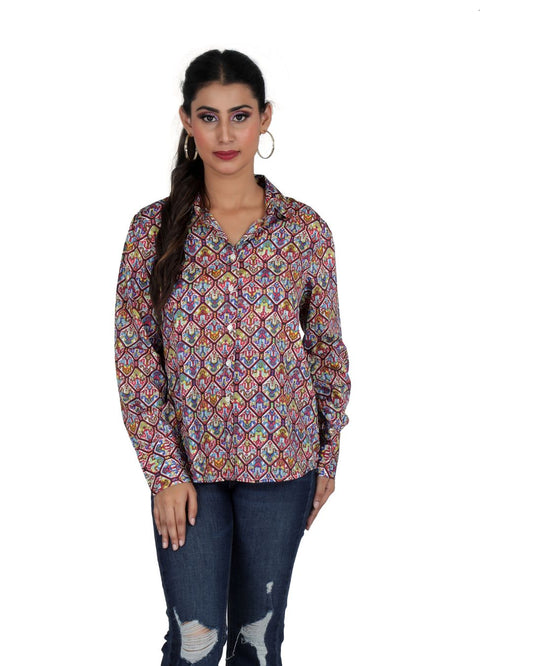 Long Sleeves Geometrical Print Satin Shirt