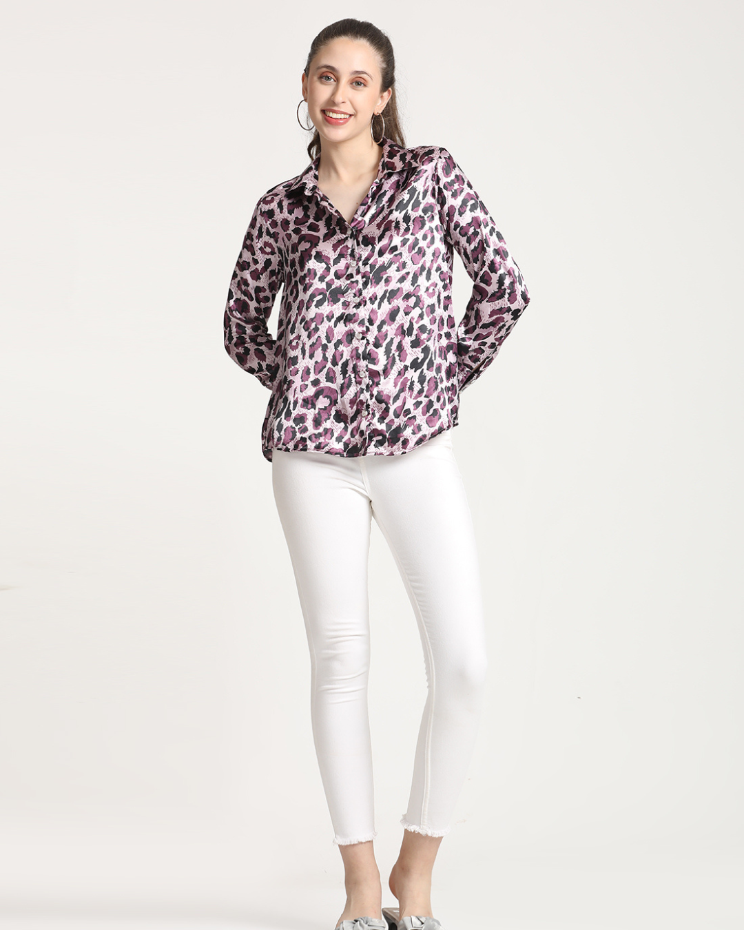 Long Sleeves Abstract Print Satin Shirt