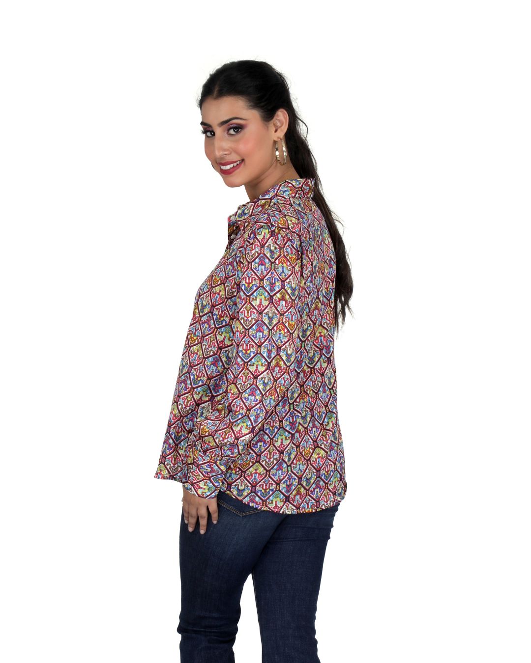 Long Sleeves Geometrical Print Satin Shirt