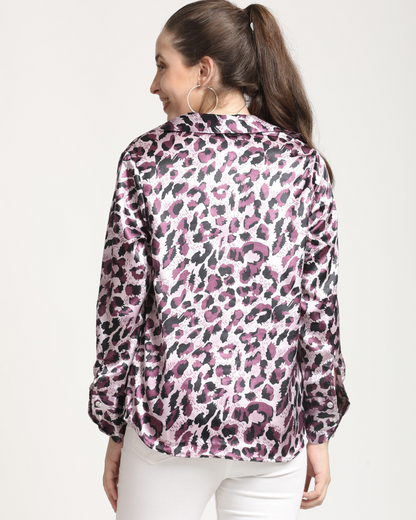 Long Sleeves Abstract Print Satin Shirt