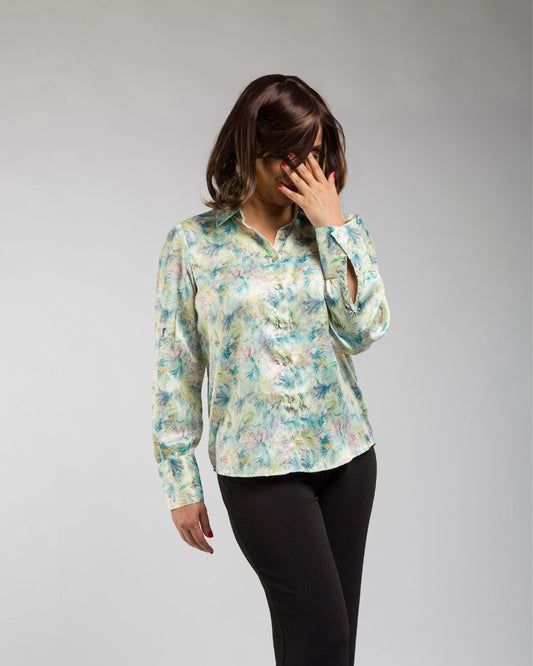 Printed Satin Shirt in Cream Color