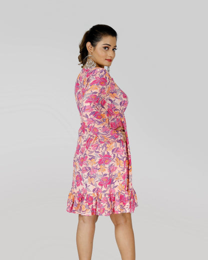 V Neck Dress with Pink Garden Prints