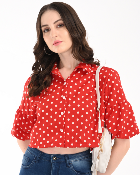 Red Polka Dot Balloon Sleeves Crop Top