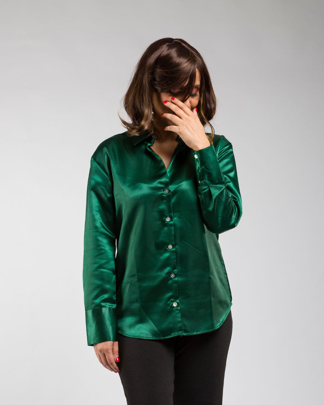 Long Sleeves Satin Shirt in Dark Green Color