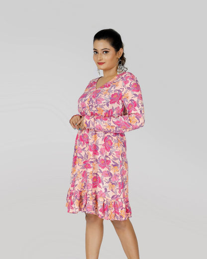 V Neck Dress with Pink Garden Prints