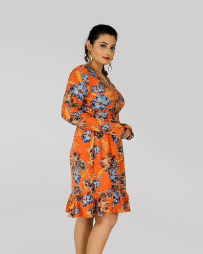 V Neck Dress in Rust Color Flower Print