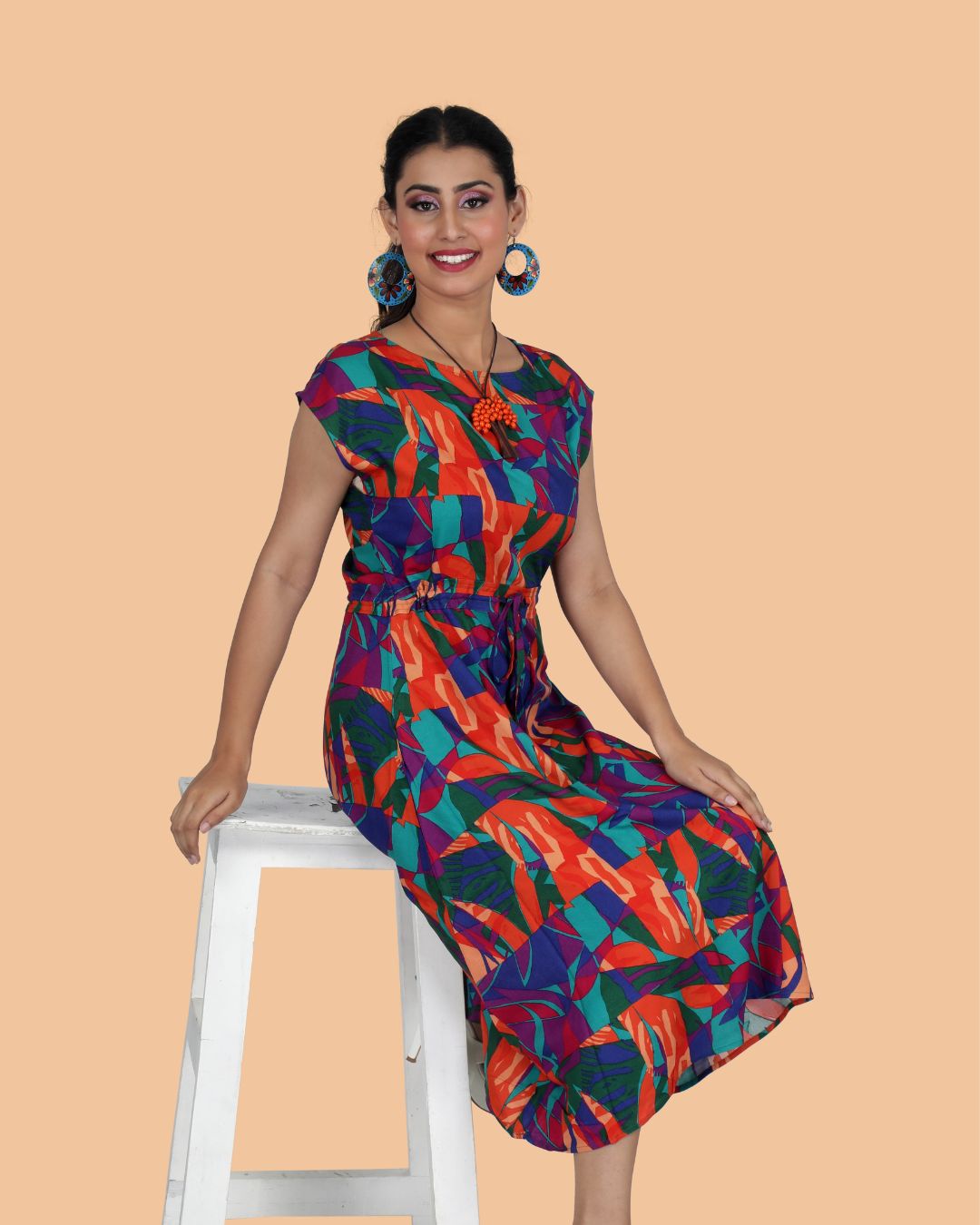 Abstract Print Cap Sleeve  Dress