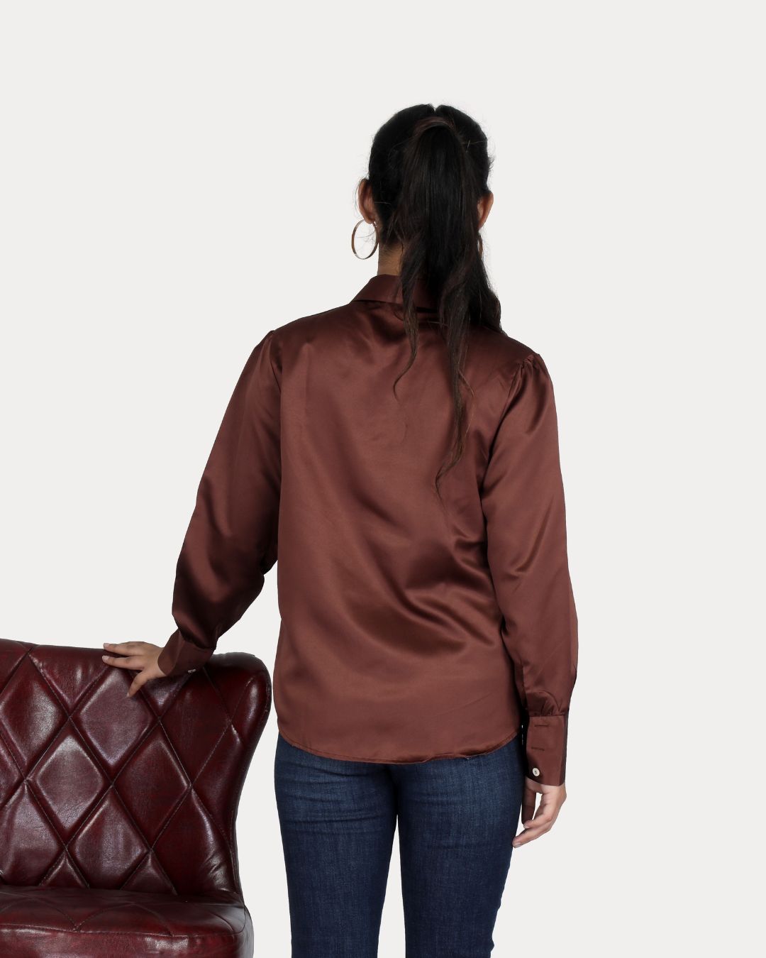 Long Sleeves Satin Shirt in Mouse Color