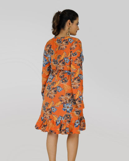 V Neck Dress in Rust Color Flower Print