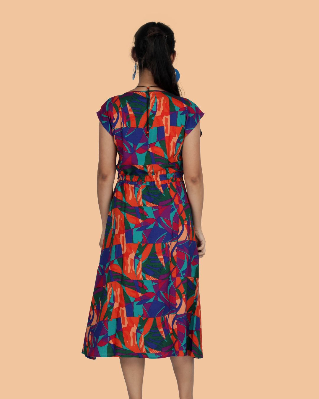 Abstract Print Cap Sleeve  Dress