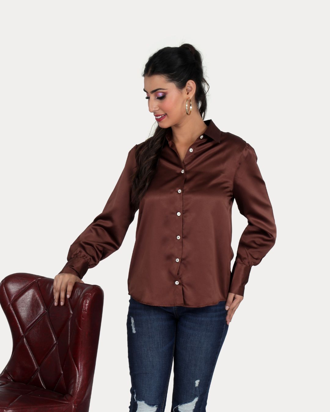 Long Sleeves Satin Shirt in Mouse Color