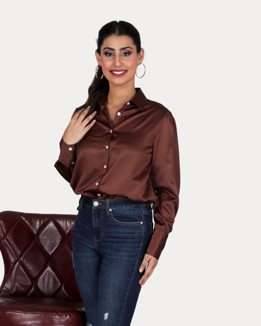 Long Sleeves Satin Shirt in Mouse Color