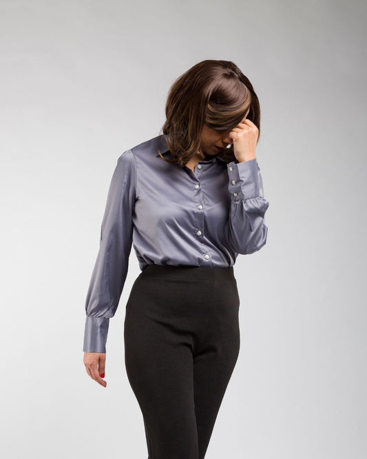 Long Sleeves Satin Shirt in Silver Grey Color