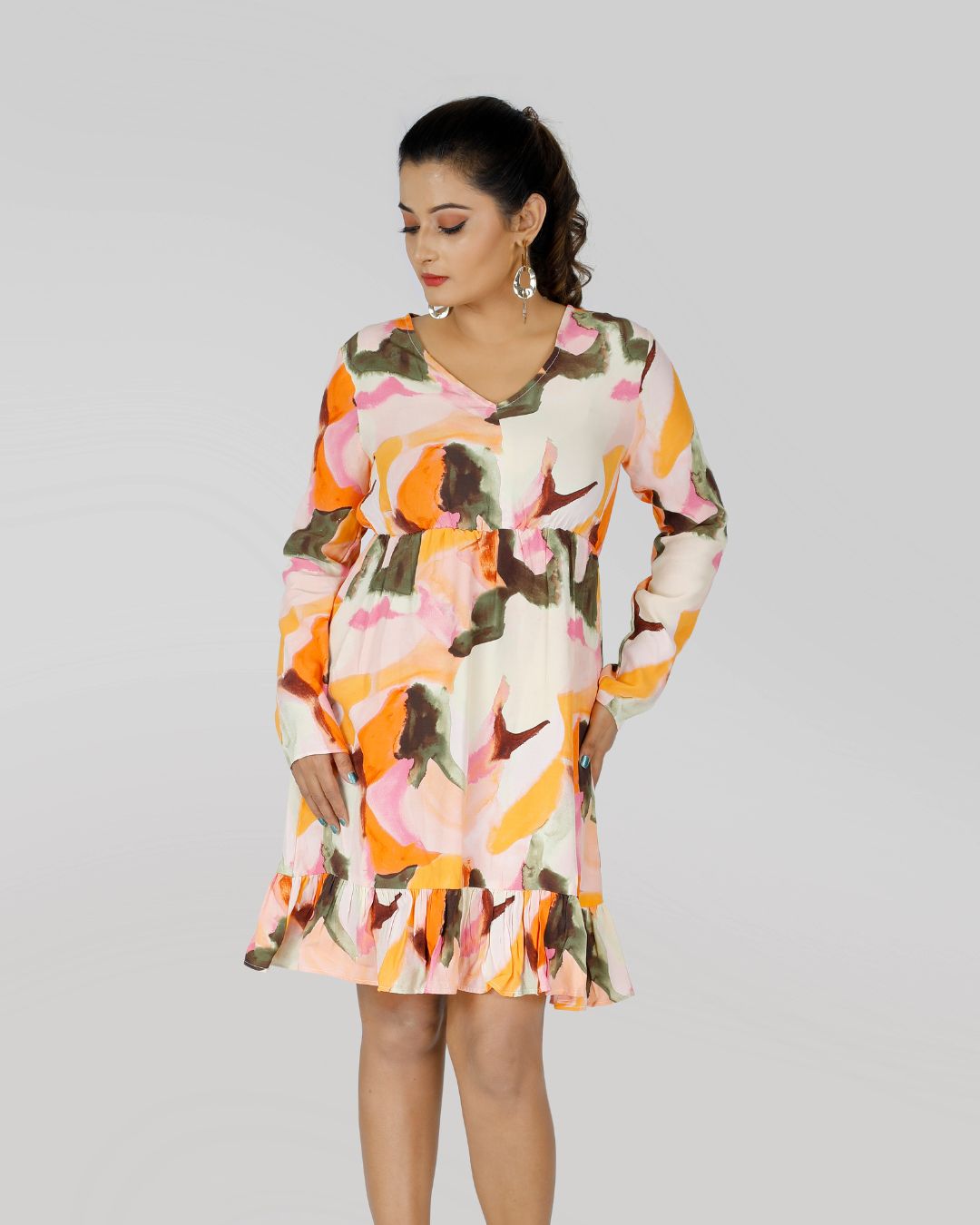 V Neck Dress in Smudged Flower print