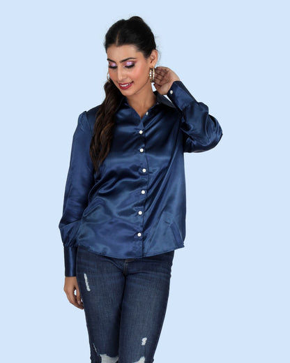 Long Sleeves Satin Shirt in Royal Blue Color