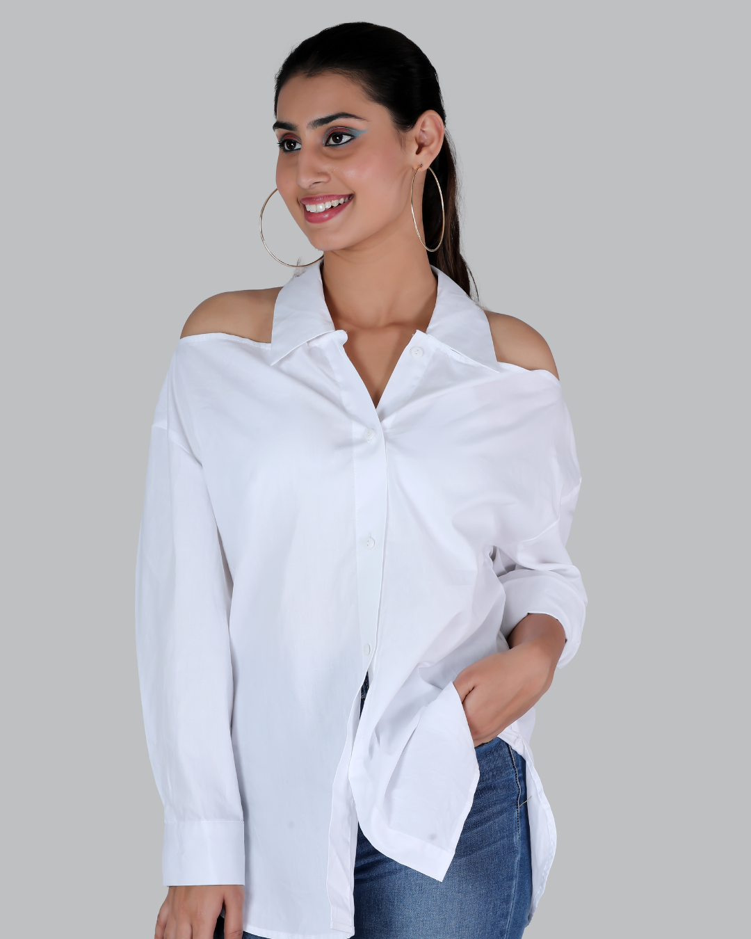 Cold shoulder roll on sleeve shirt