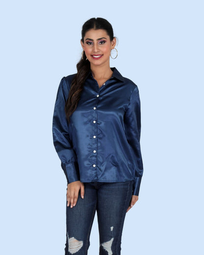 Long Sleeves Satin Shirt in Royal Blue Color